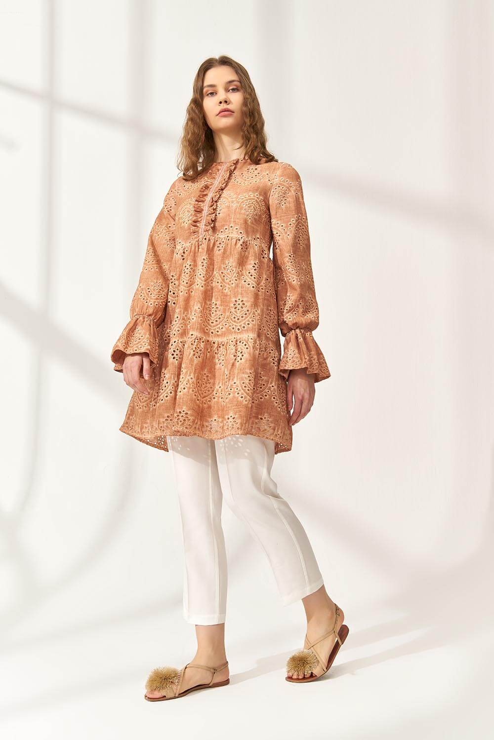 Bohem Nakışlı Cotton Bluz Turuncu